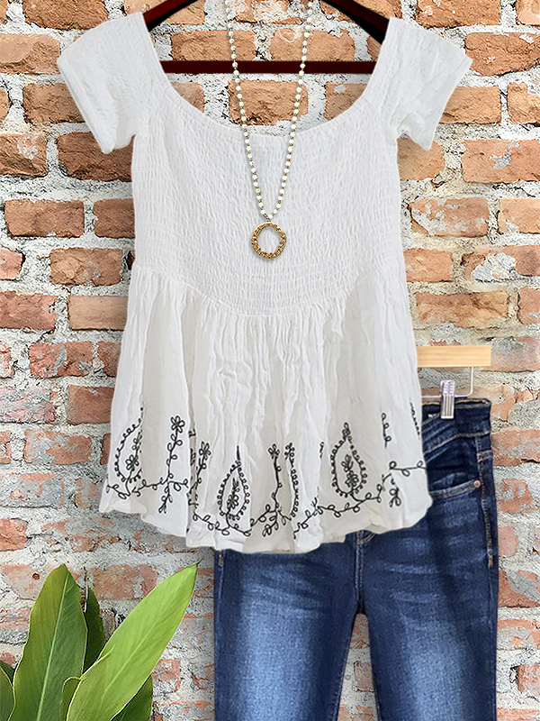 Casual Gathered Printed Short-Sleeved Top