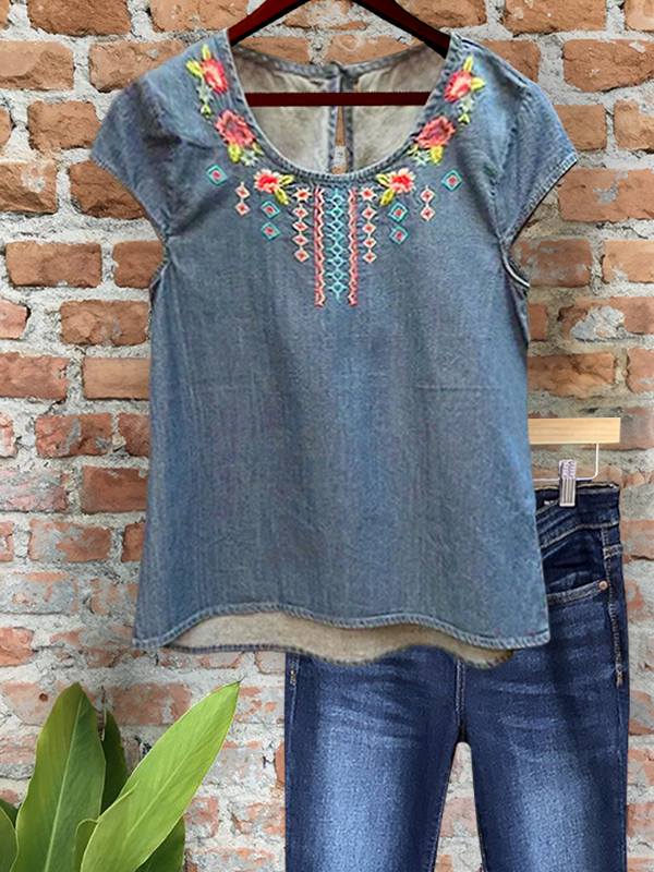Women's top | Vintage Denim Embroidered Floral Top |Website-shopcharmingrose