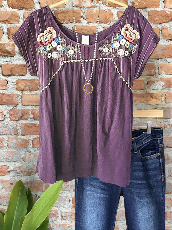 Women's top | Elegant Floral Embroidered Short-Sleeved Top |Website-shopcharmingrose