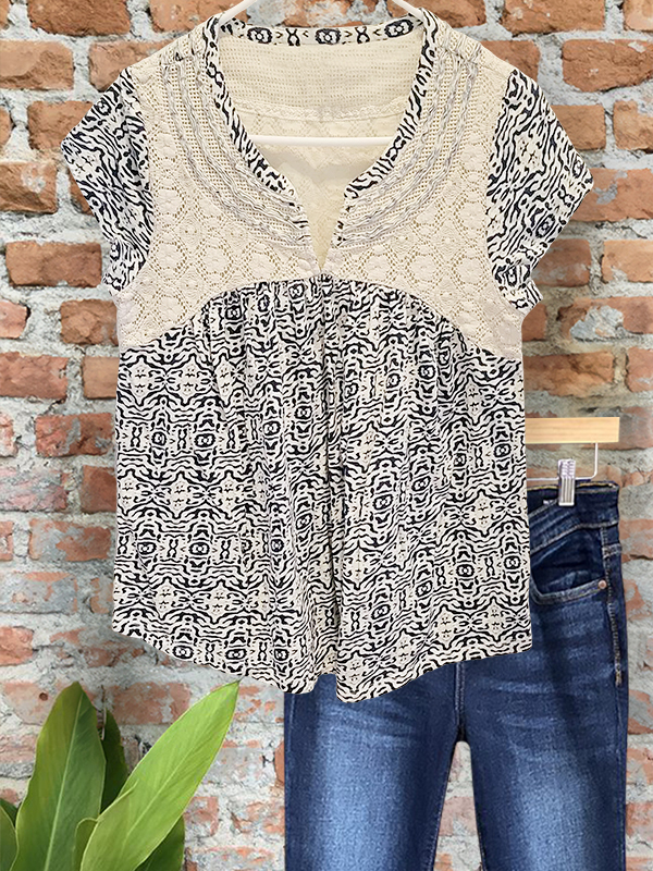 Vintage Lace Patchwork Notched V-Neck Top