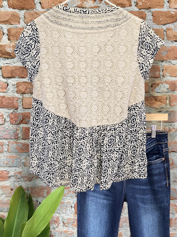Vintage Lace Patchwork Notched V-Neck Top