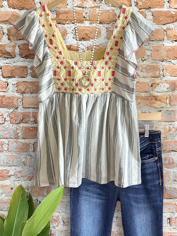 Casual Textured Stripe Patchwork Ruffle Sleeve Top