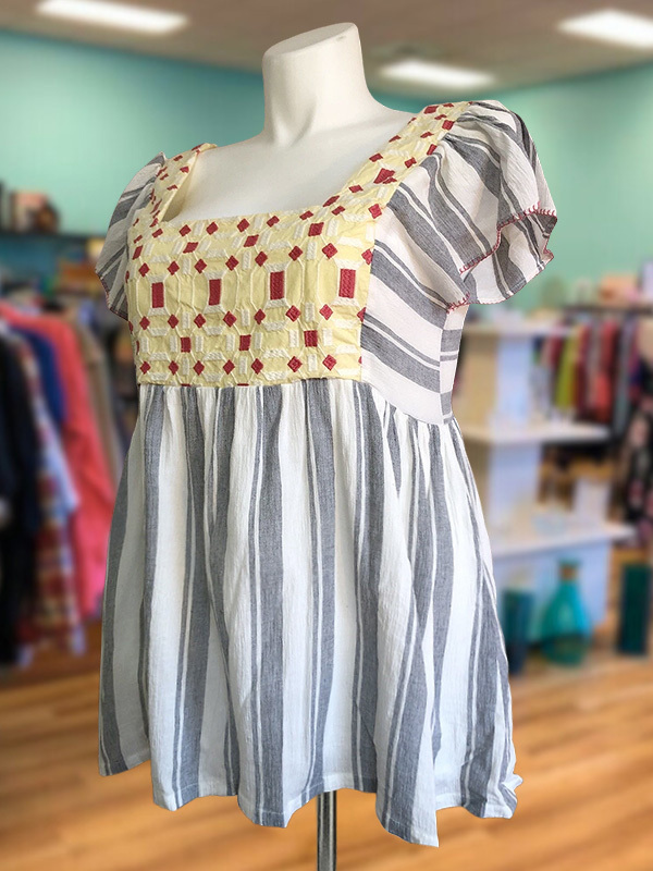 Casual Textured Stripe Patchwork Ruffle Sleeve Top