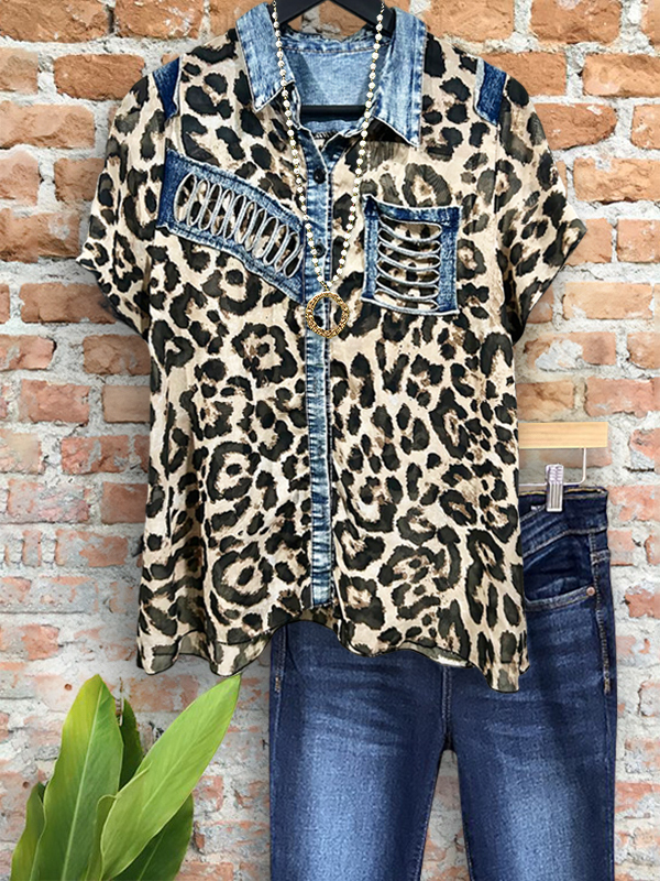 Casual Denim Style Leopard Patchwork Top