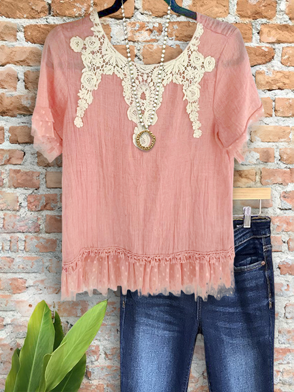Casual Vintage Cotton Linen Lace Decorated Top