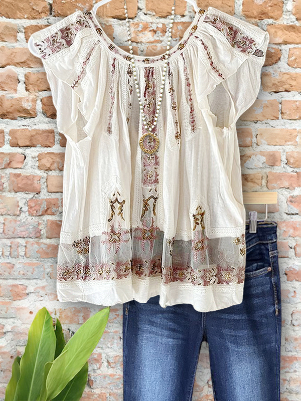 Casual Vintage Print Ruched Top