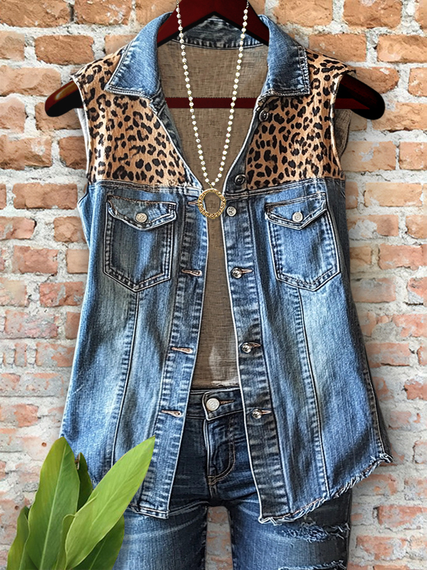 Vintage Denim Leopard Patchwork Top