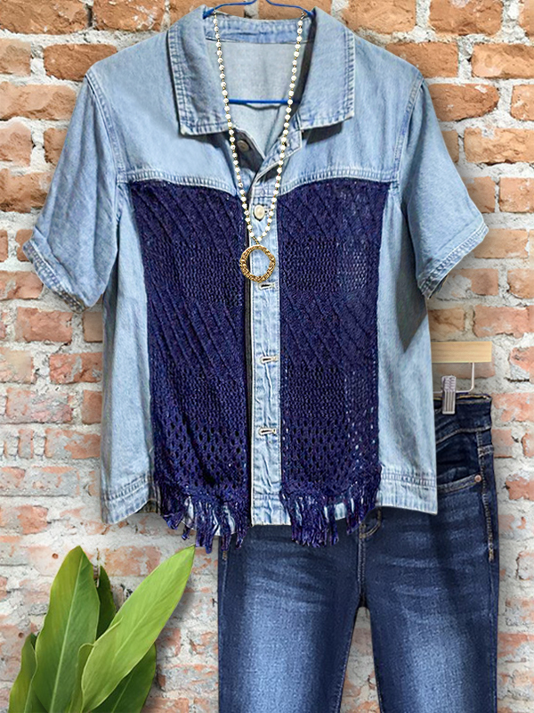 Women's top | Vintage Vacation Denim Crochet Patchwork Top |Website-shopcharmingrose