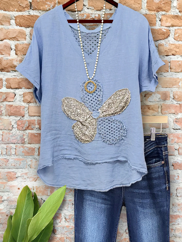 Women's top | Vintage Sequins Appliqué Mesh Patchwork Top |Website-shopcharmingrose