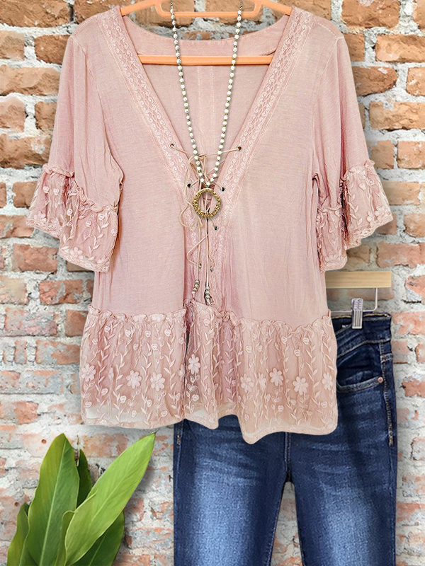 Elegant Holiday Tie Lace Ruffle Sleeve Top