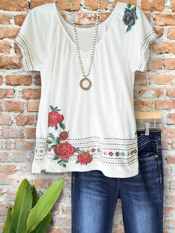 Casual Embroidered Floral Ruched Top