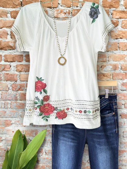 Casual Embroidered Floral Ruched Top