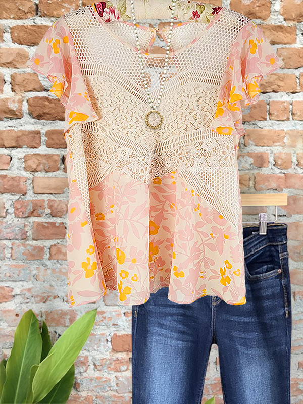 Gentle Floral Crochet Ruffle Sleeve Top