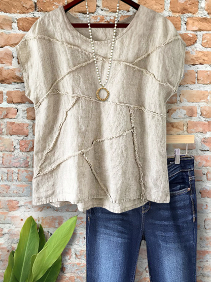 Cozy Cotton Linen Raw-Edge Patchwork Top