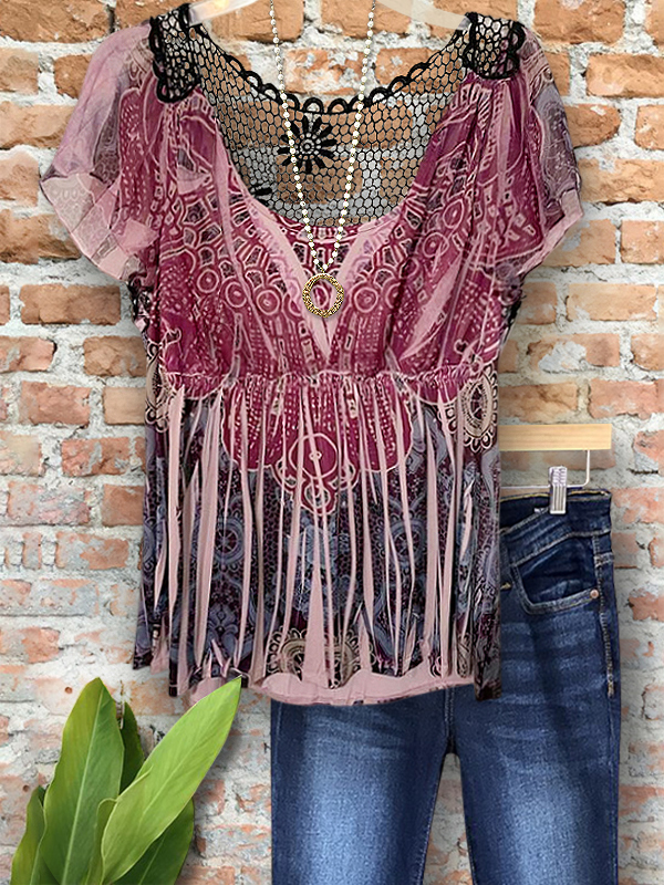 Vintage Printed Crochet Patchwork Top