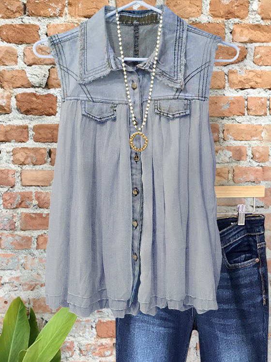 Flowy Denim Chiffon Patchwork Vest