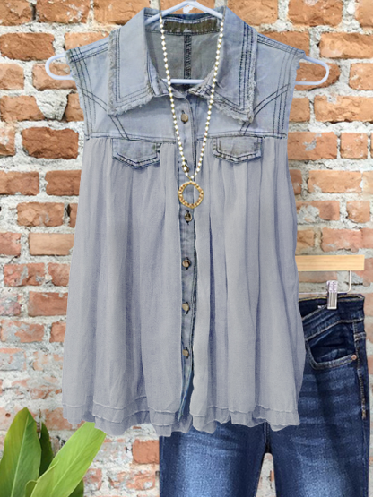 Flowy Denim Chiffon Patchwork Vest