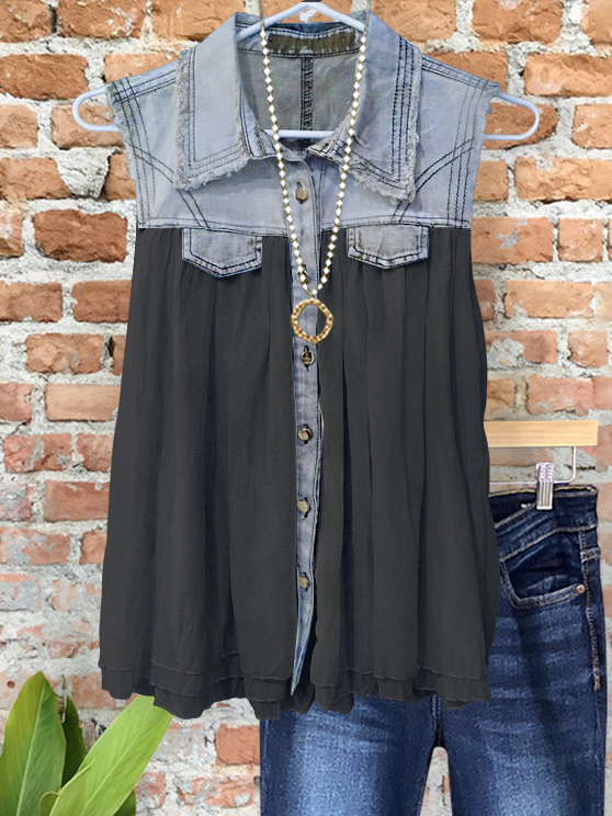 Flowy Denim Chiffon Patchwork Vest
