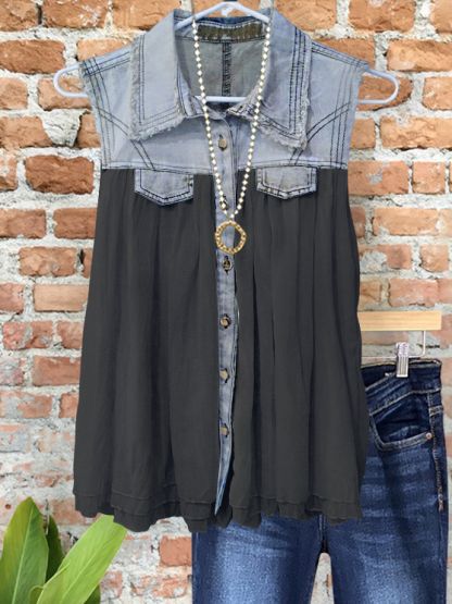 Flowy Denim Chiffon Patchwork Vest