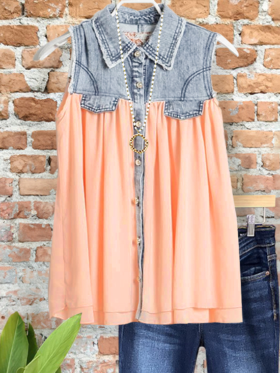 Flowy Denim Chiffon Patchwork Vest