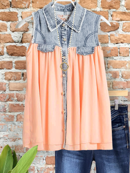 Flowy Denim Chiffon Patchwork Vest