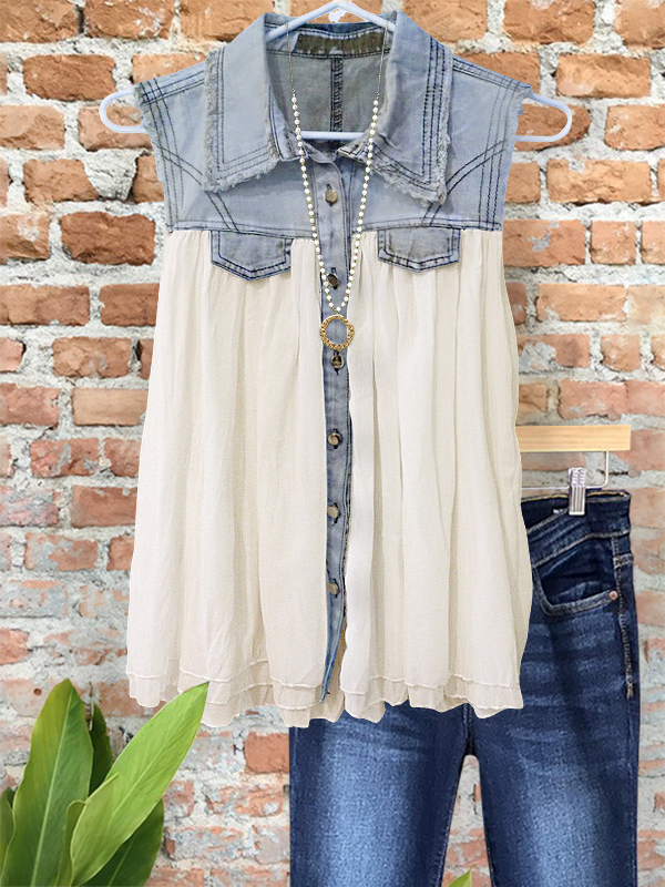 Flowy Denim Chiffon Patchwork Vest