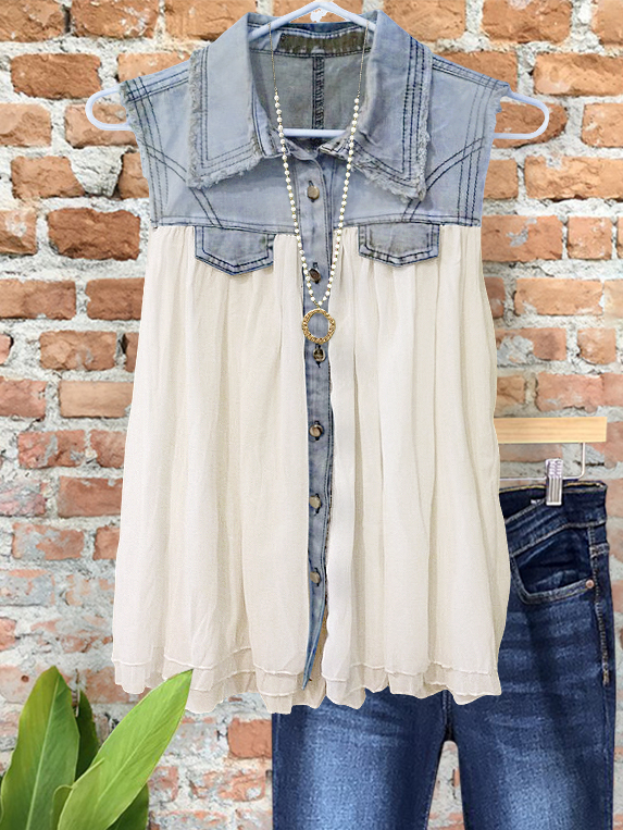 Women's top | Flowy Denim Chiffon Patchwork Vest |Website-shopcharmingrose