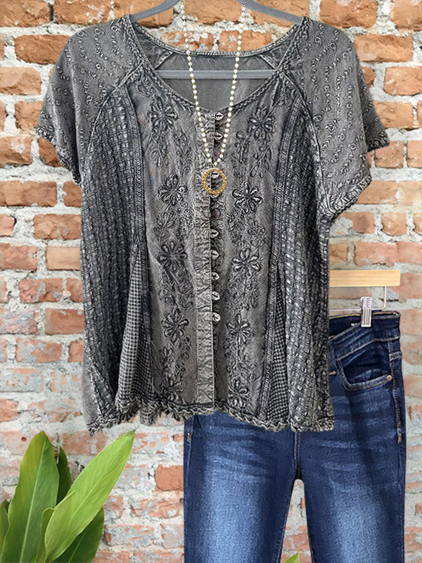 Casual Embroidered Floral Patchwork Top