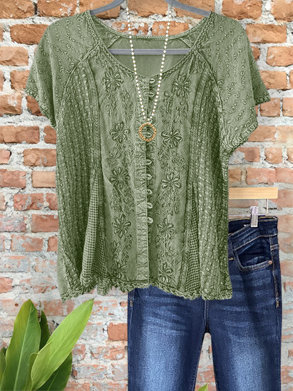 Casual Embroidered Floral Patchwork Top