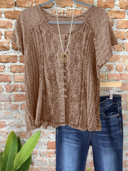 Casual Embroidered Floral Patchwork Top