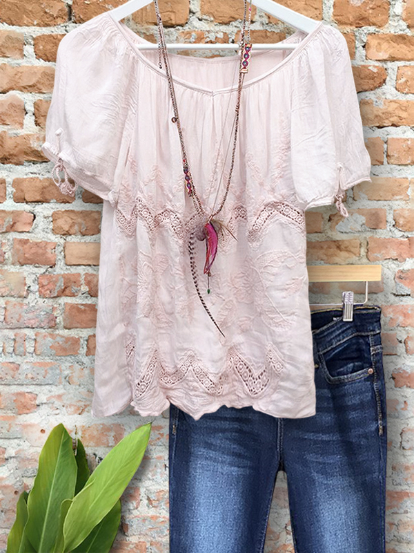 Casual Cotton Embroidered Ruched Top
