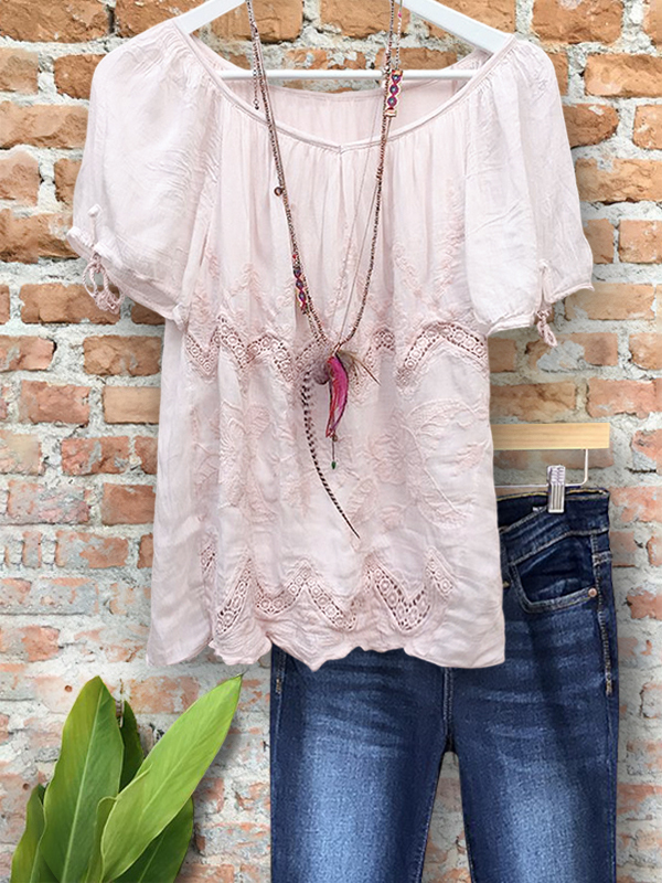 Casual Cotton Embroidered Ruched Top