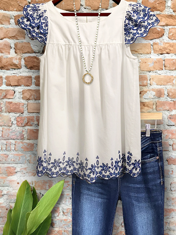Playful Floral Embroidered Ruffle Sleeve Top