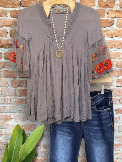 Vintage Lace Floral Ruffle Sleeve Top