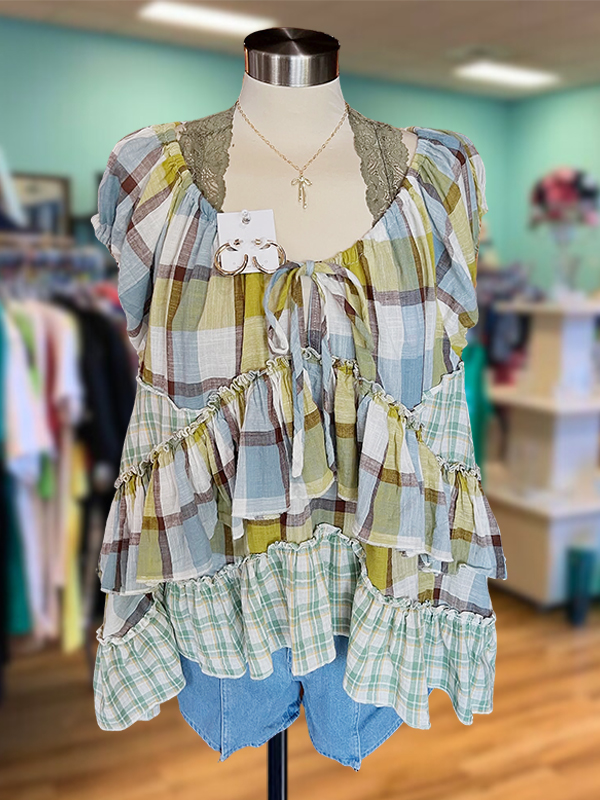 Vintage Plaid Lace Ruffle Short Sleeve Top