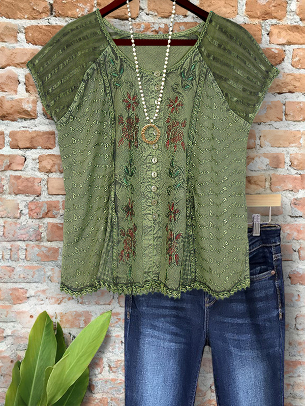 Vintage Embroidered Floral Patchwork Top