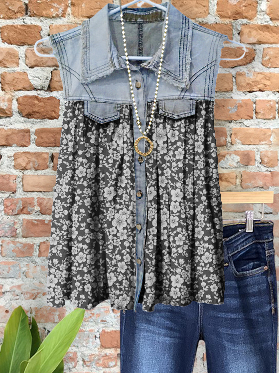 Casual Denim Floral Patchwork Vest