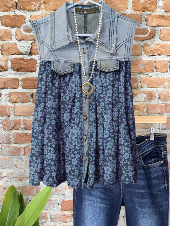 Casual Denim Floral Patchwork Vest