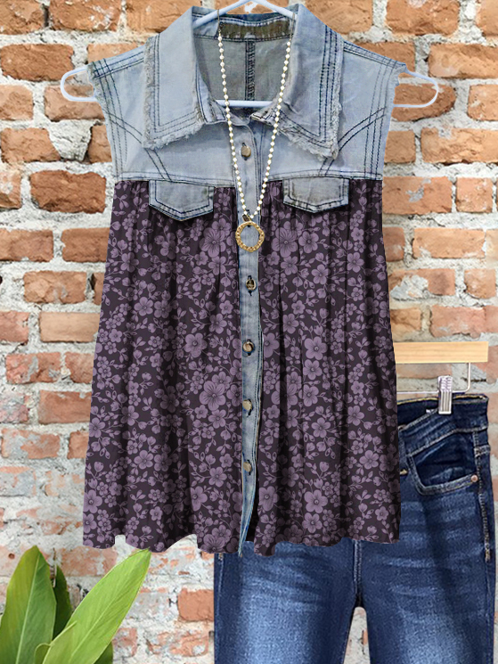 Casual Denim Floral Patchwork Vest
