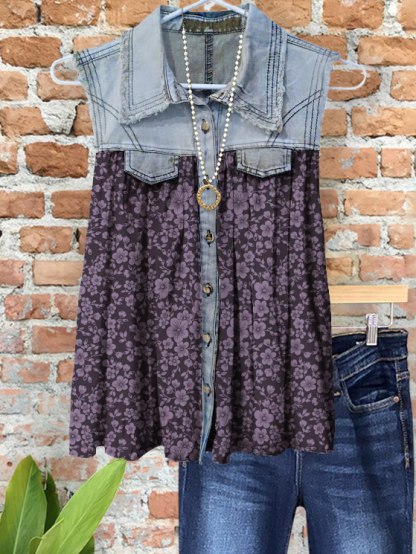 Casual Denim Floral Patchwork Vest