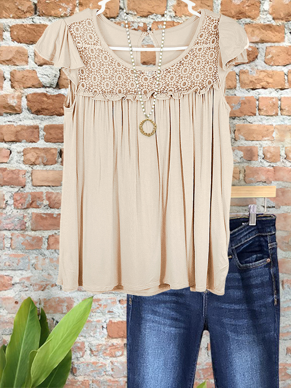 Casual Soft Crochet Ruffle Sleeve Top
