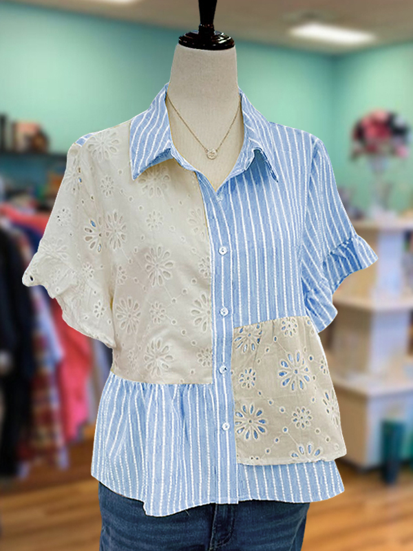 Women's top | Casual Jacquard Textured Striped Patchwork Shirt |Website-shopcharmingrose