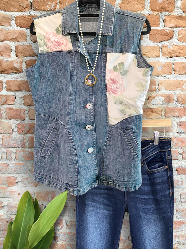 Vintage Denim Floral Patchwork Vest