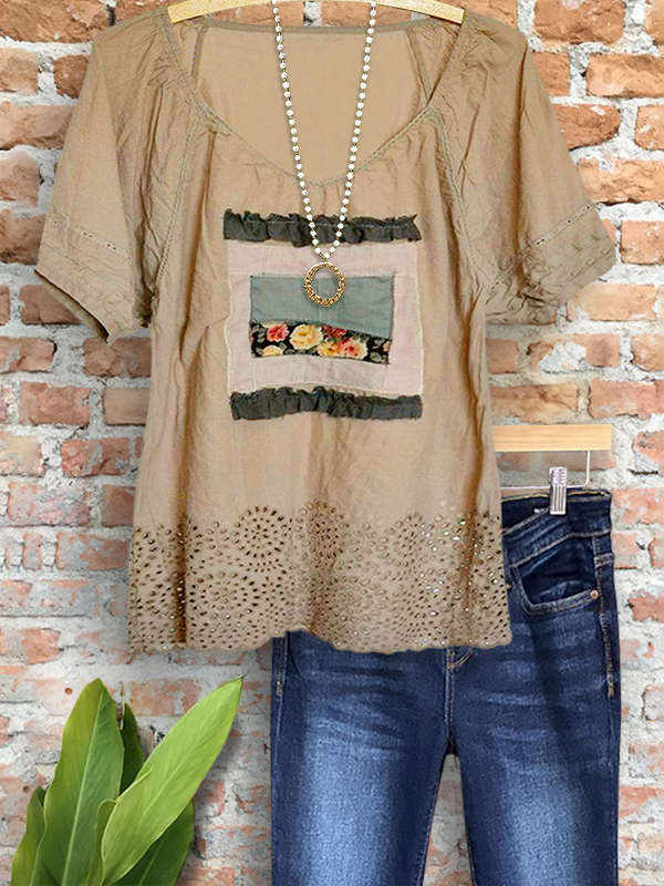 Women's top | Vintage Casual Cotton Cutout Hem Top |Website-shopcharmingrose