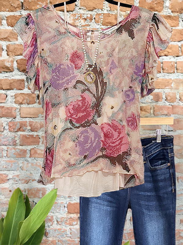 Charming Vintage Floral Ruffle Sleeve Top