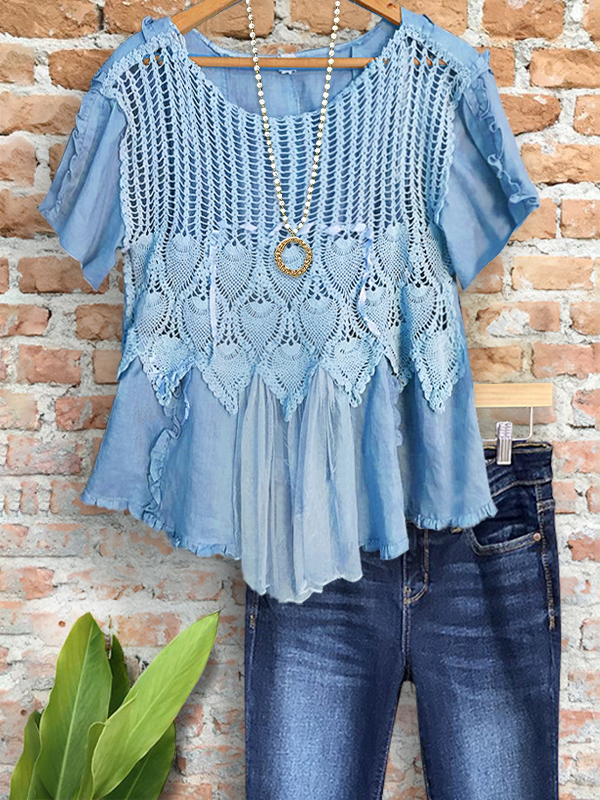Casual Crochet Hollow Ruffle Hem Top