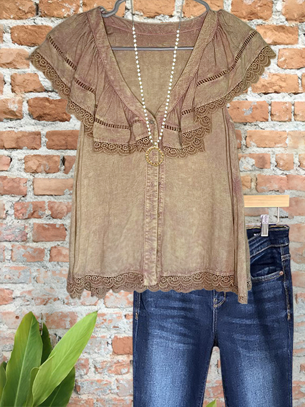 Vintage Webbing Patchwork Ruffle Sleeve Top
