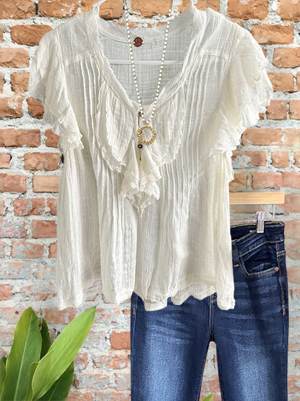 Casual Romantic Cotton Ruffle Sleeve Top