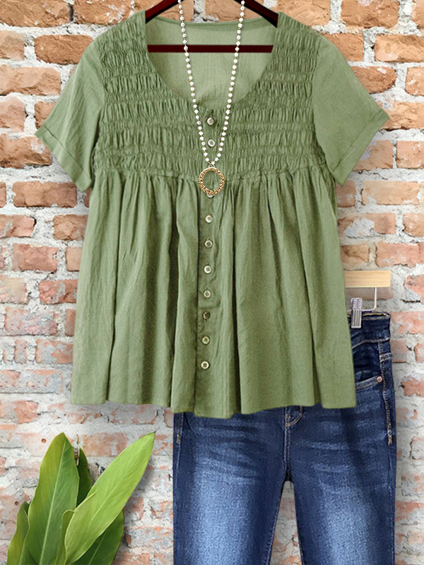 Casual Cotton Gathered Crew Neck Top