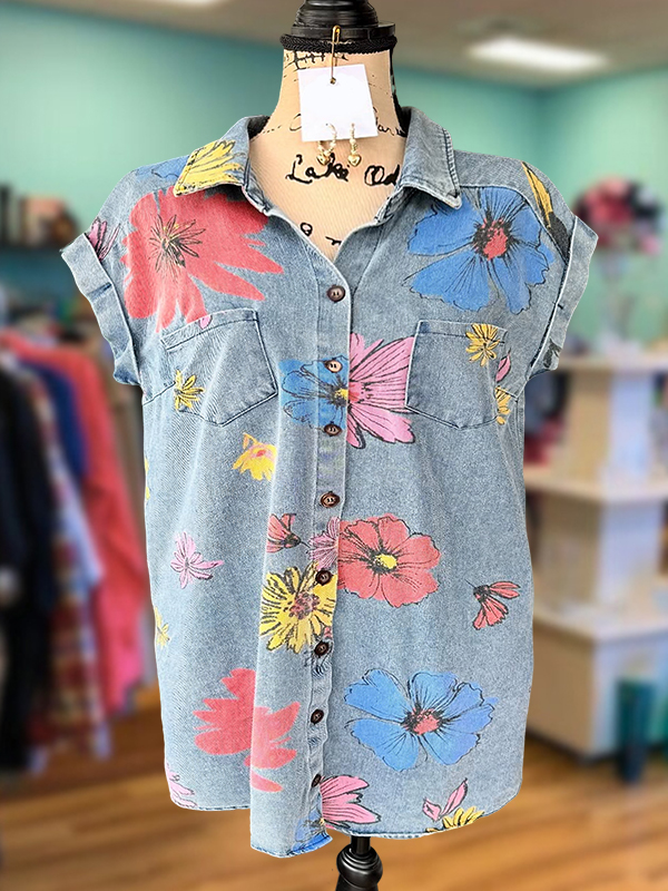 Vintage Denim Colorful Floral Print Top